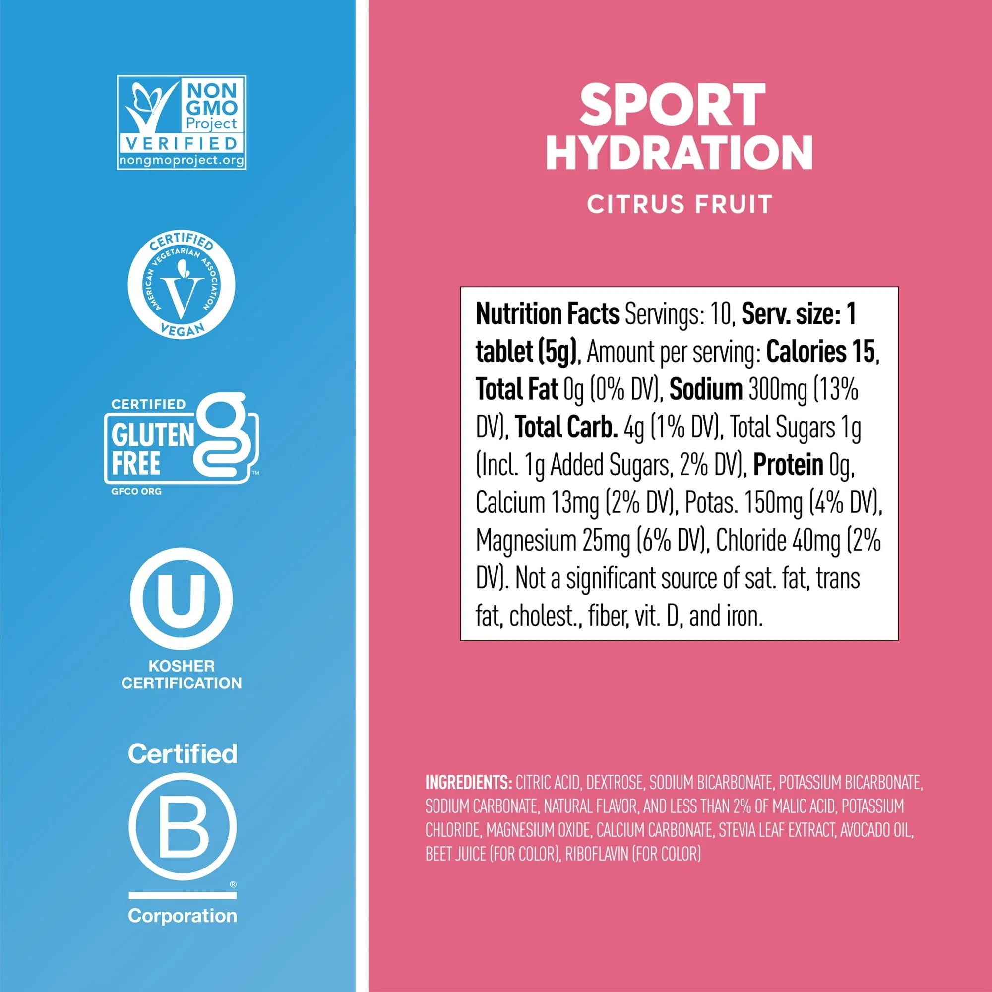 A nutrition label for "Sport Hydration Citrus Fruit" shows serving details, calories, and ingredients, with certifications for non-GMO, vegan, gluten-free, and kosher products on a colorful background.