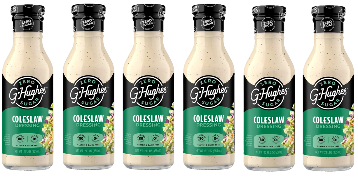 Six bottles of G. Hughes Zero Sugar Coleslaw Dressing are arranged in a row, each featuring a black label with green accents, highlighting its gluten-free and dairy-free attributes.
