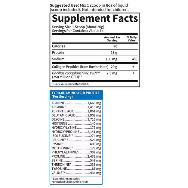 Nutrition label detailing supplement facts, including serving size, calories, protein, sodium, collagen peptides, and amino acid profile, presented in a clear, organized format for easy reference.