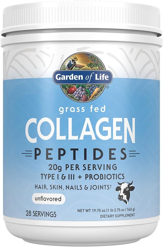 A white container of Garden of Life grass-fed collagen peptides, featuring a blue label with details about serving size, benefits for hair and skin, and an unflavored note, sits on a white background.