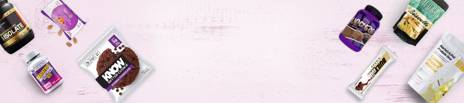 Various protein and snack products are displayed on a light pink background, including protein powders, cookies, and bars, showcasing their packaging and branding.