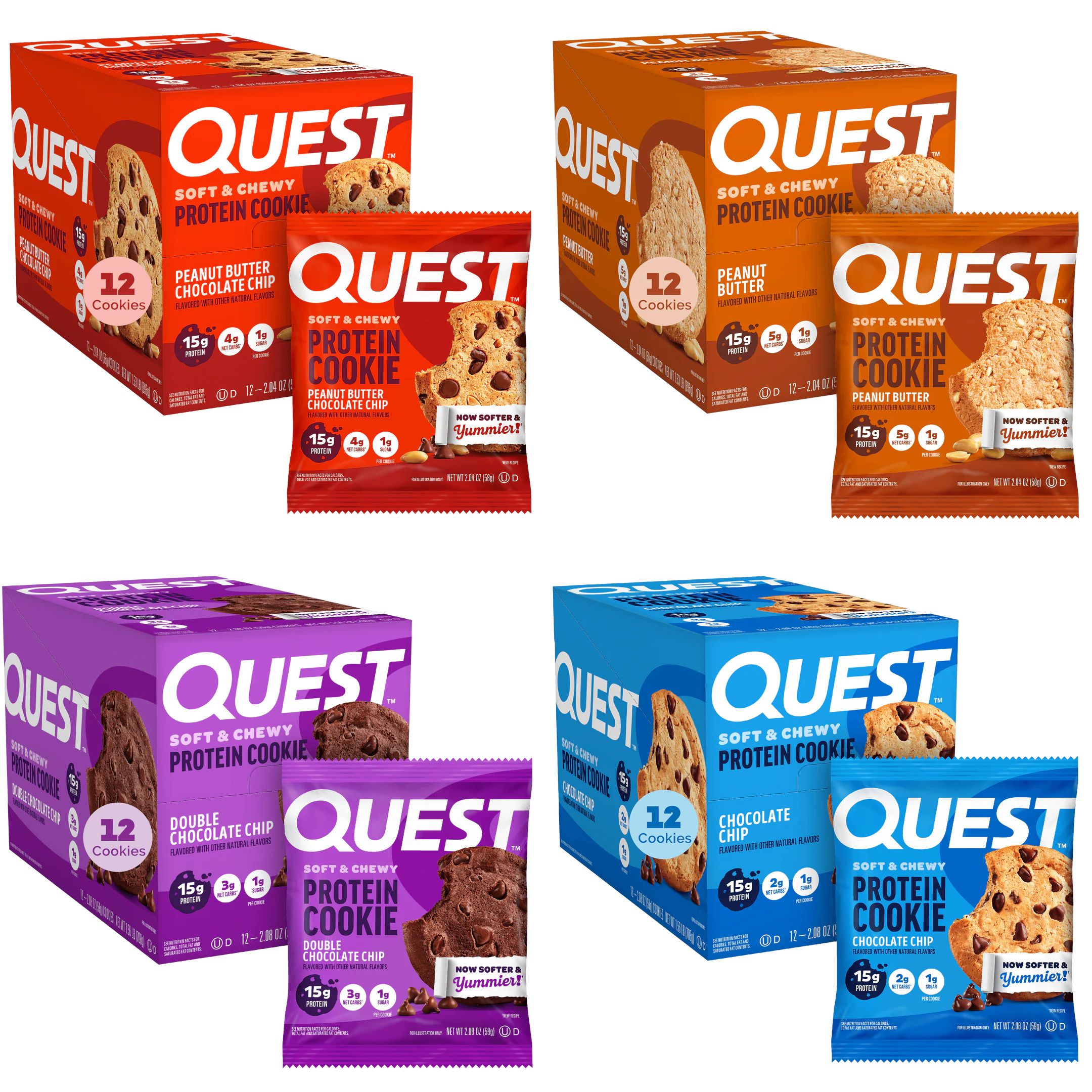 Four colorful boxes of Quest protein cookies are displayed, featuring flavors like Peanut Butter, Double Chocolate Chip, and Chocolate Chip, each accompanied by individual cookie packages.