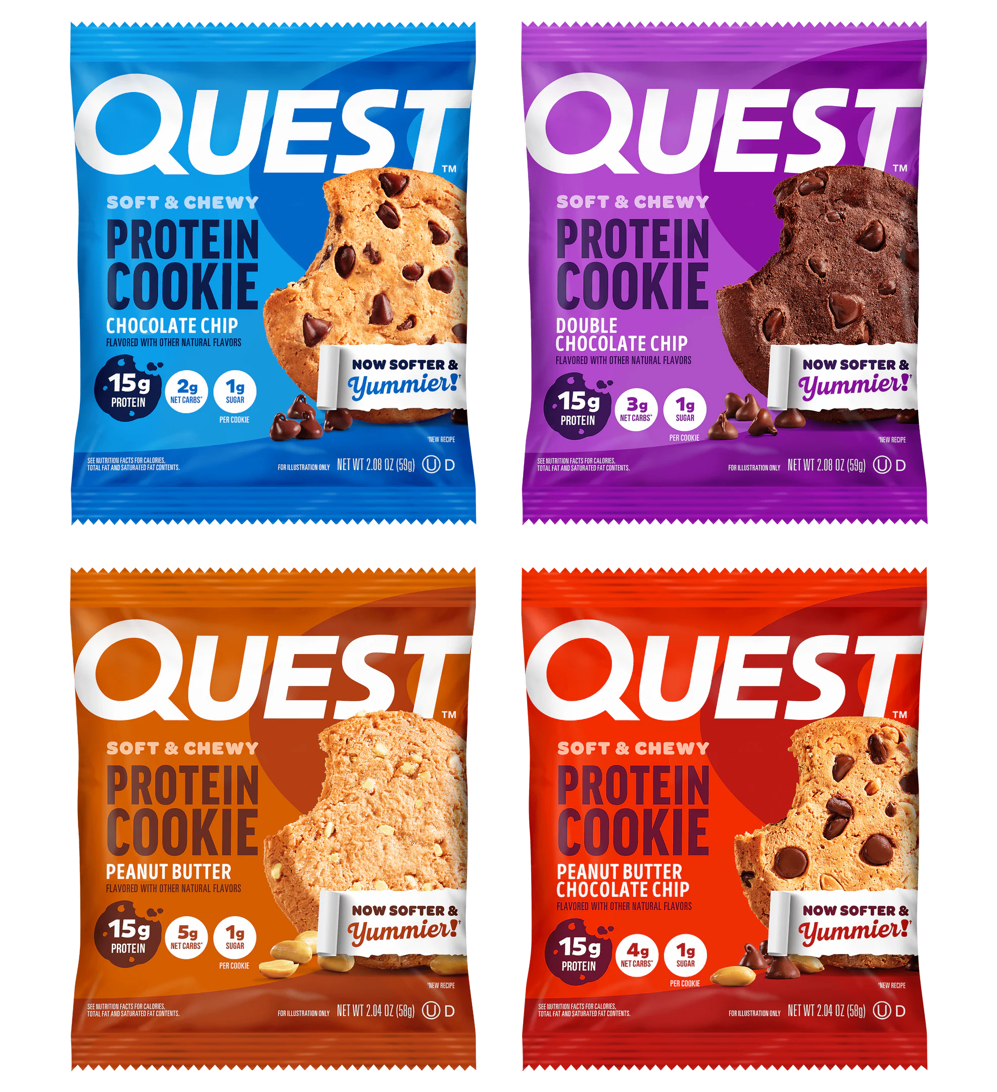 Four colorful packages of Quest protein cookies are displayed, featuring flavors: Chocolate Chip, Double Chocolate Chip, Peanut Butter, and Peanut Butter Chocolate Chip, each highlighting protein content and softness.