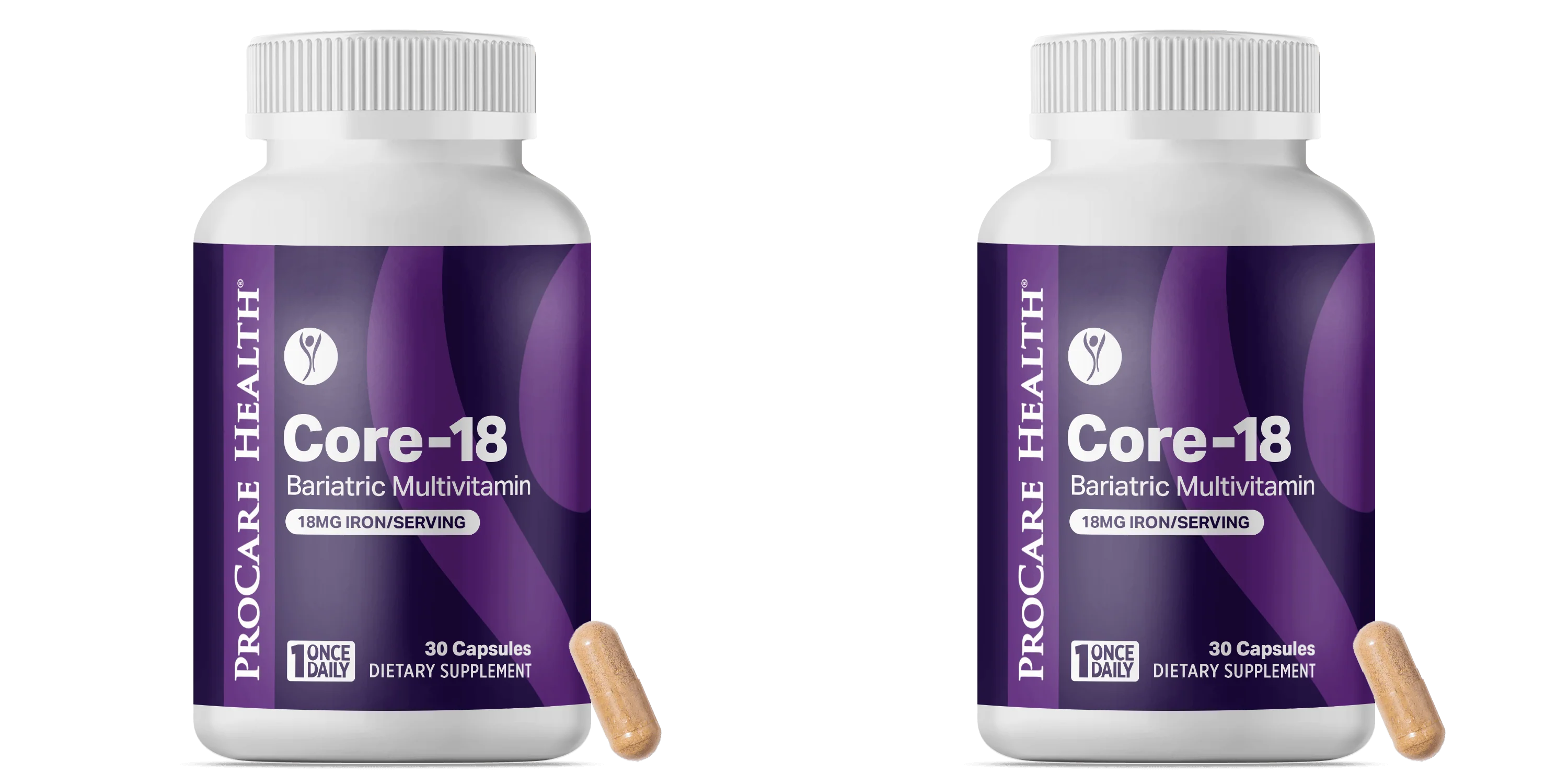 Two bottles of Core-18 Bariatric Multivitamin are displayed side by side, each containing 30 capsules, with one capsule placed in front, highlighting the product's iron content and daily serving recommendation.