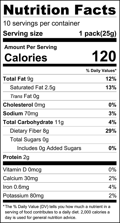 Nutrition facts label displays serving size, calories, and detailed nutritional information, including total fat, carbohydrates, sugars, protein, and vitamins for a food product.