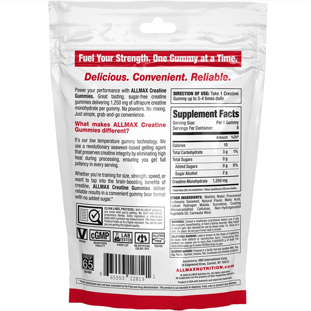 A package of ALLMAX Creatine Gummies displays nutritional information, directions for use, and highlights the product's benefits, emphasizing convenience and taste for fitness enthusiasts.