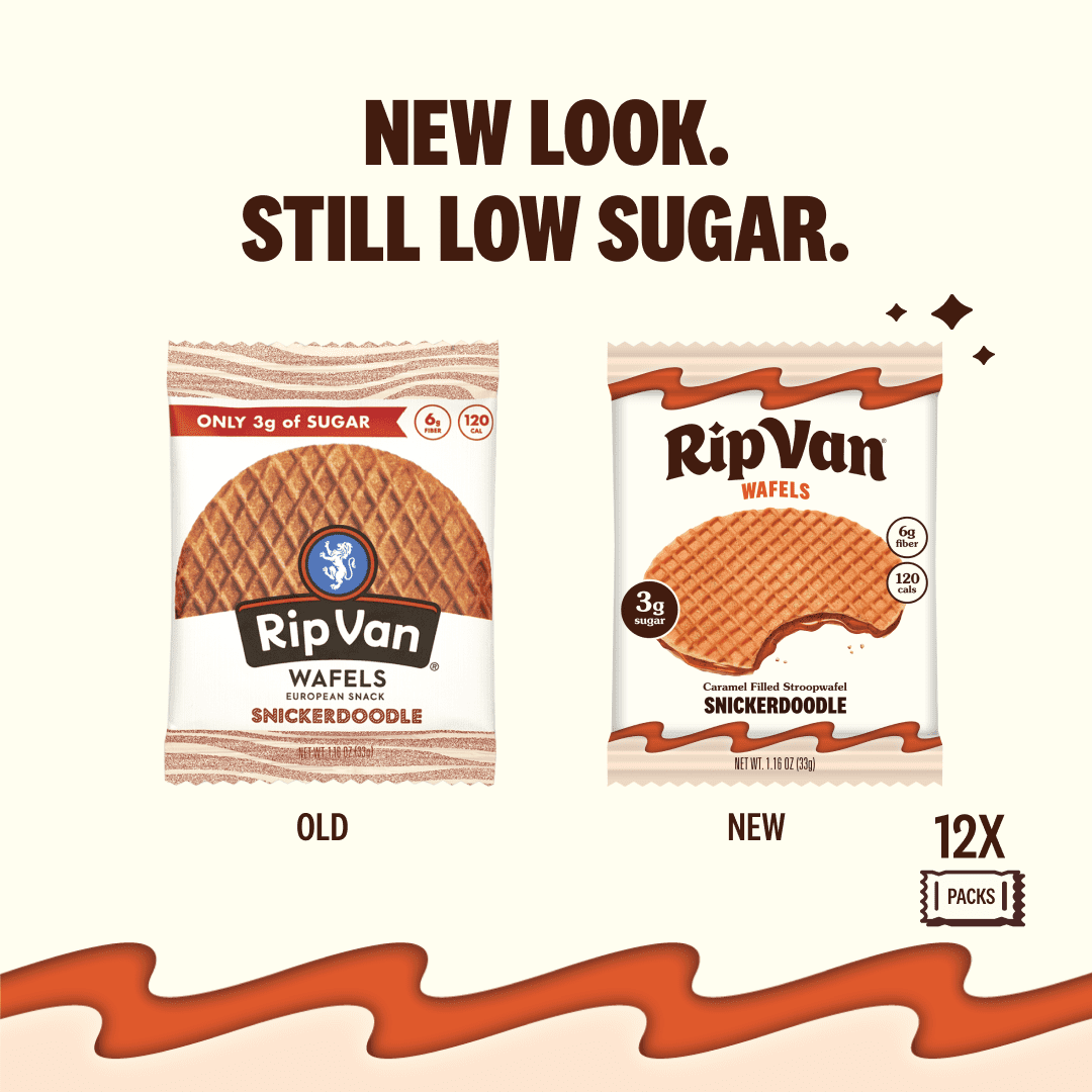 Two packages of Rip Van Wafels Snickerdoodle cookies are displayed side by side, showcasing the old design on the left and the new design on the right, with text highlighting low sugar content.