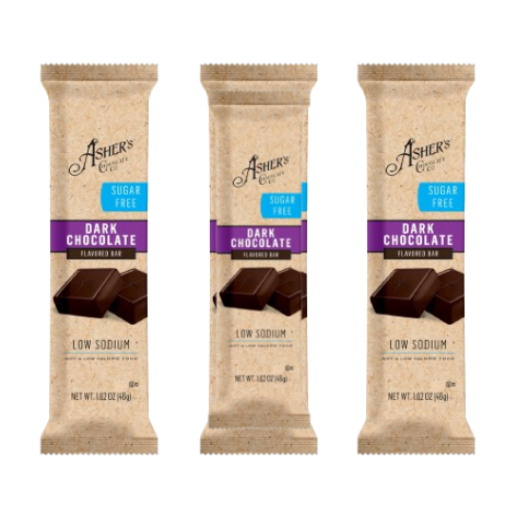 Three dark chocolate flavored bars are displayed, each in a beige wrapper labeled "Ashers," featuring "Sugar Free" and "Low Sodium" text, with images of chocolate pieces on the packaging.