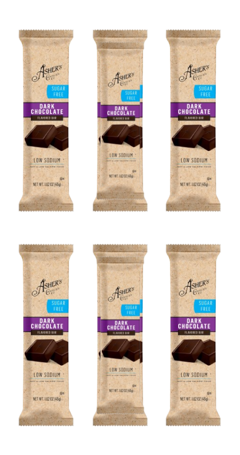 Six packages of Asher's dark chocolate flavored bars, labeled as sugar-free and low sodium, arranged in two rows, showcasing the product's branding and nutritional information.