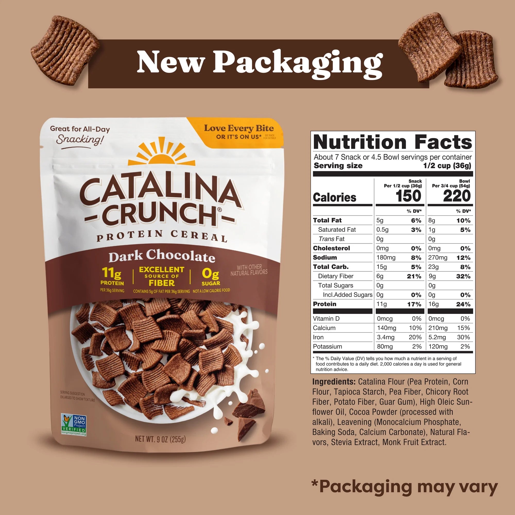 A bag of Catalina Crunch Dark Chocolate protein cereal features a brown design with crunchy pieces and a splash of milk, displaying nutritional information and the text "New Packaging" at the top.