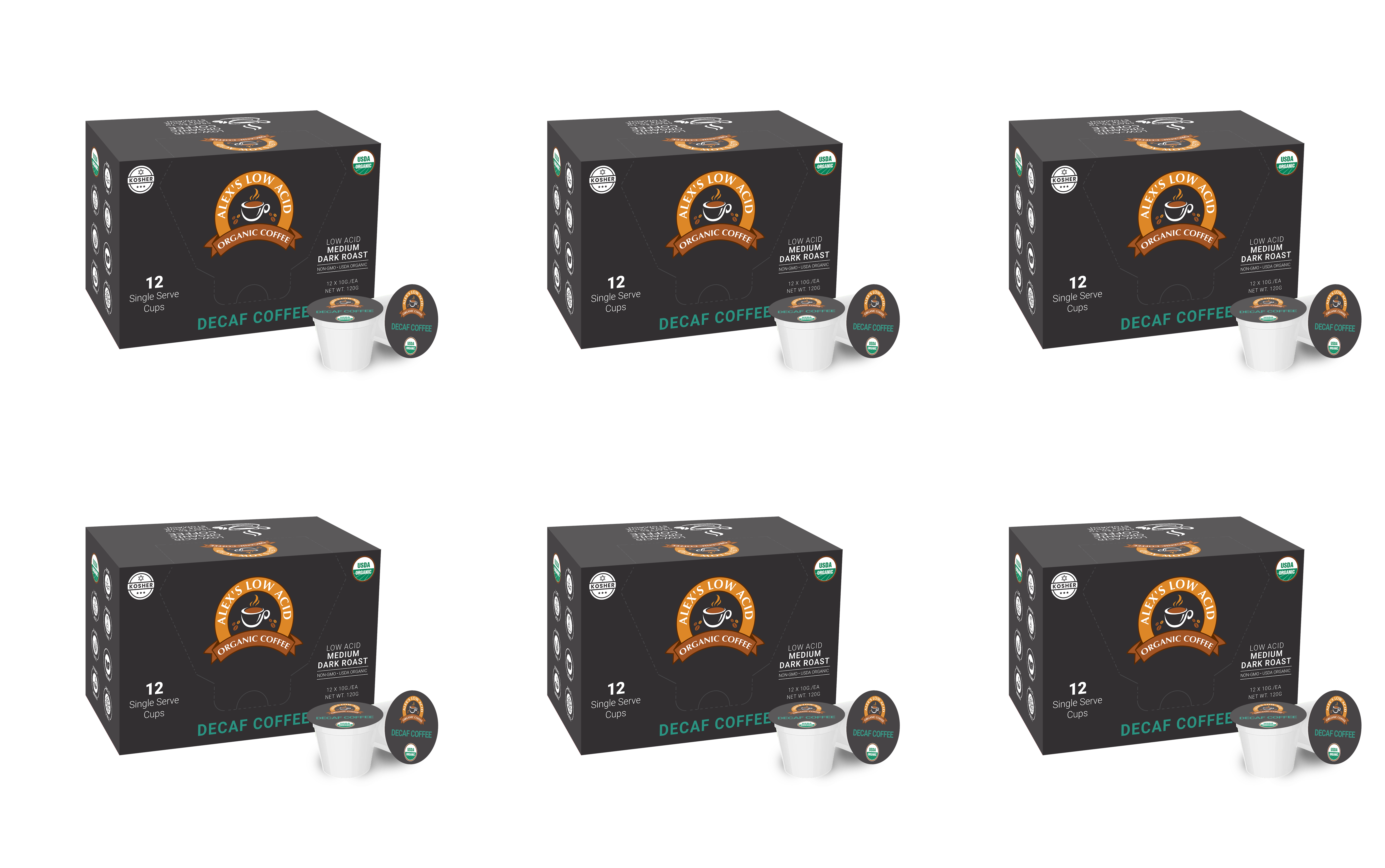 Six boxes of decaf coffee pods are arranged in a grid, each labeled "Ari's Low Acid Organic Coffee," featuring a logo and details about single-serve cups and low-acid medium dark roast.