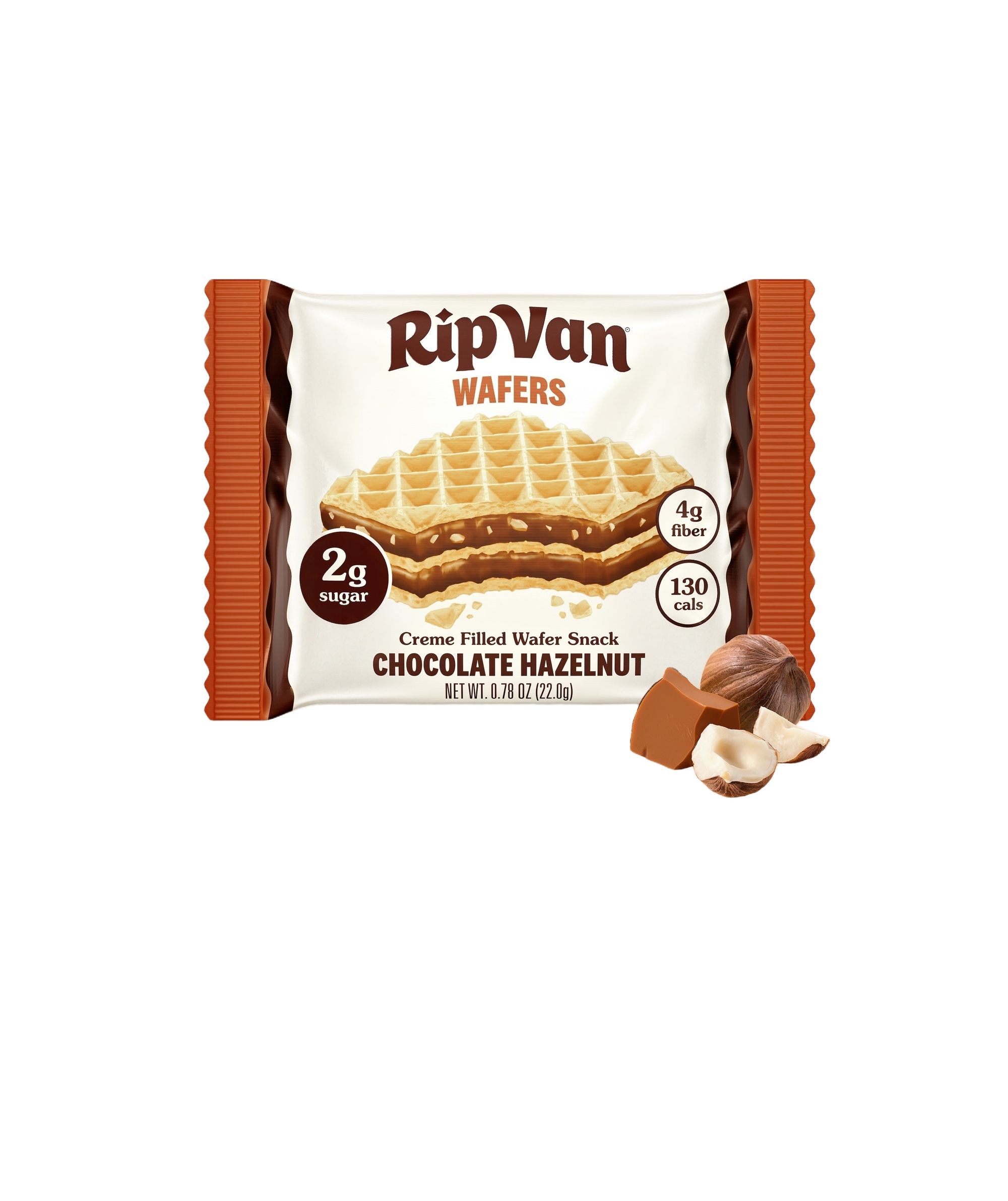 RipVan Wafers package featuring a chocolate hazelnut creme-filled wafer snack, displaying nutritional information and accompanied by whole and chopped hazelnuts.