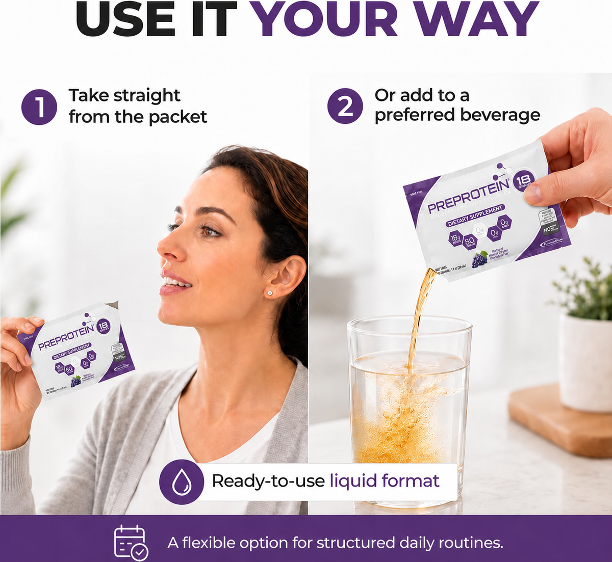 A woman smiles while holding a packet of PreProtein, as another hand pours the contents into a glass of water on a table, showcasing the product's versatility for dietary routines.