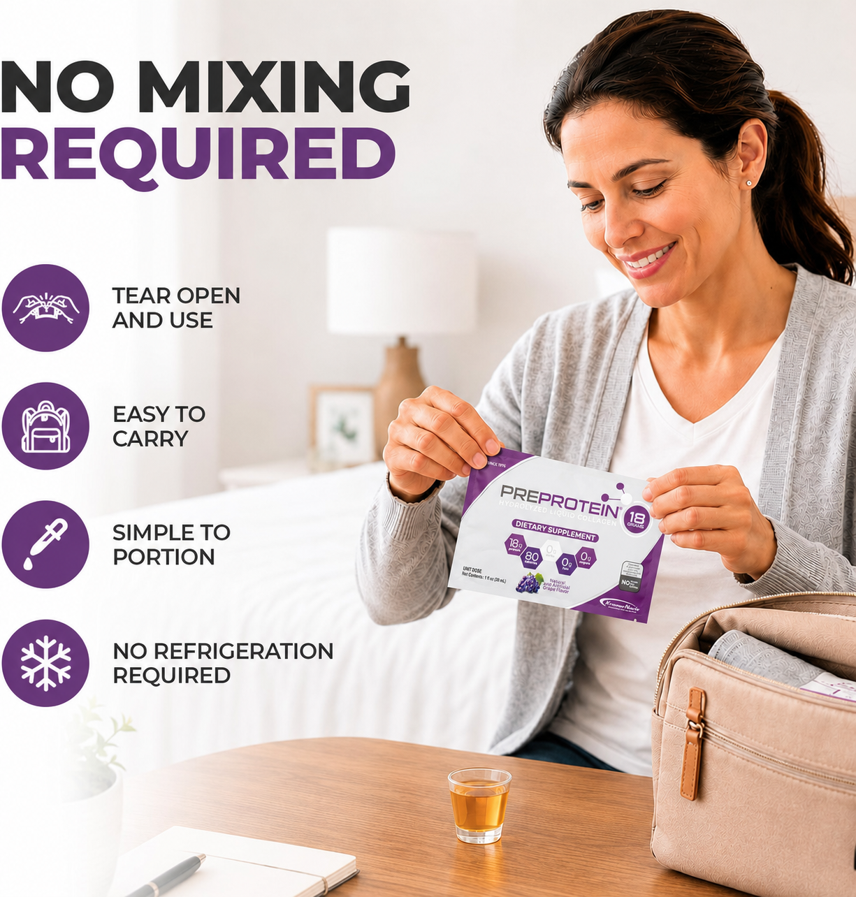 A woman smiles while holding a packet of PreProtein dietary supplement, sitting at a table with a small glass, showcasing its easy-to-use features in a bright, cozy setting.