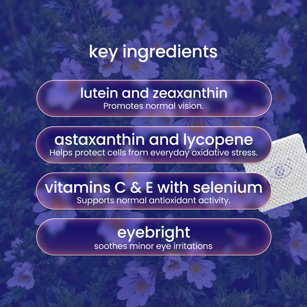 Eye Health Vitamin Patch with vitamins C and E, selenium, lutein, lycopene and astaxanthin to support normal vision and antioxidant activity. 