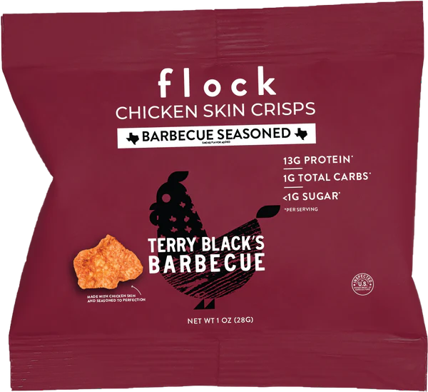 A maroon bag of Flock Chicken Skin Crisps, labeled "Barbecue Seasoned," features a crispy piece of chicken skin and highlights nutritional information, including 13g protein and low sugar content.
