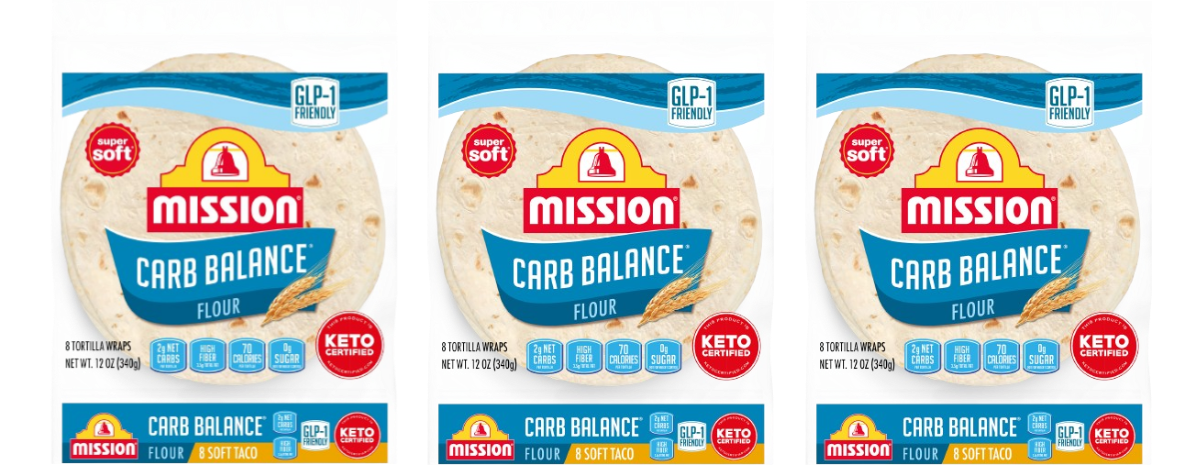 Three packages of Mission Carb Balance flour tortillas, each containing eight soft taco wraps, labeled with nutritional information highlighting low carbs and keto certification.