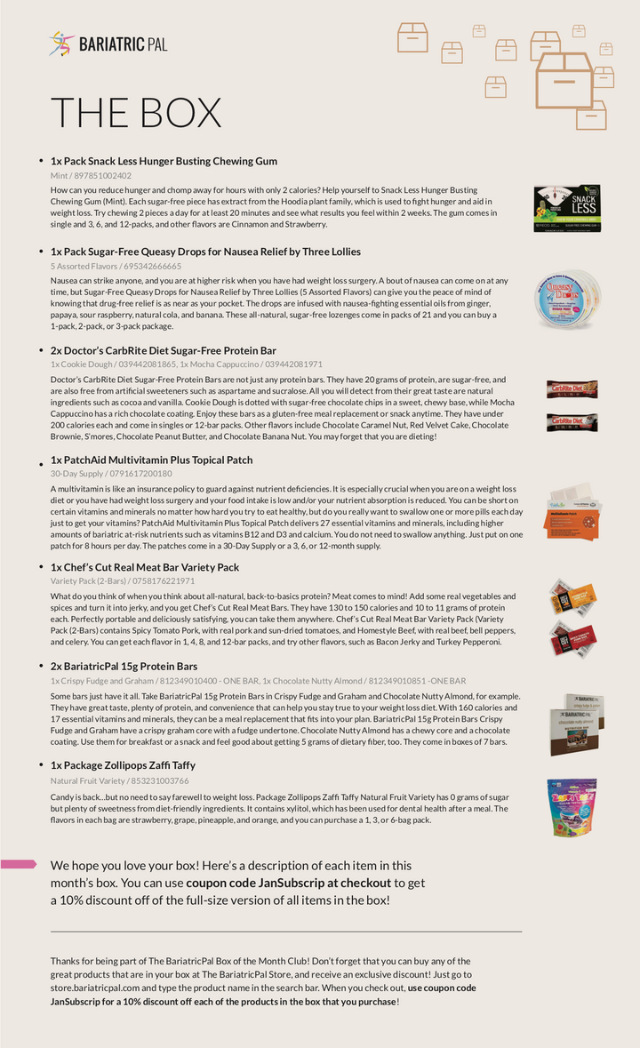 BariatricPal January 2019 Box of the Month flyer listing included snack and protein products such as Doctor's CarbRite Diet Sugar-Free Protein Bar, Chef's Cut Real Meat Bar Variety Pack, and BariatricPal 15g Protein Bars