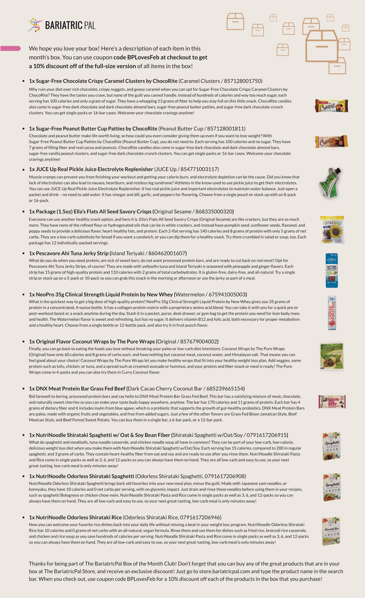 BariatricPal February 2019 Box of the Month flyer listing included snack and protein products such as ChocoRite Sugar-Free Chocolate Crispy Caramel Clusters, Pescavore Ahi Tuna Jerky Strip, and DNX Meat Protein Bar