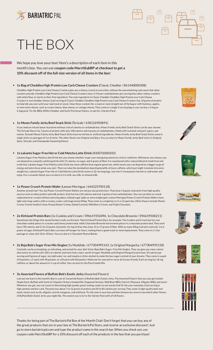 BariatricPal March 2019 Box of the Month flyer listing included snack and protein products such as Cholditos High Protein Low Carb Cheese Crackers, Moses Family Jerky Beef Snack Stick, and Power Crunch Protein Wafer