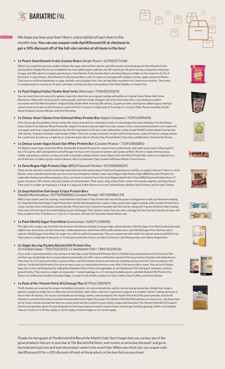 BariatricPal April 2019 Box of the Month flyer listing included snack and protein products such as SmartSweets Peach Fruity Gummy Bears, Detour Gluten Free Oatmeal Whey Protein Bar, and Gone Rogue High Protein Chips