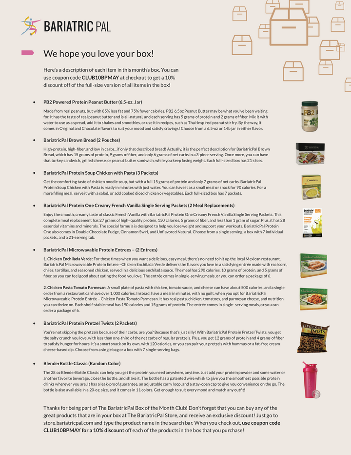 BariatricPal May 2018 Box of the Month flyer listing included snack and protein products such as PB2 Powdered Protein Peanut Butter, BariatricPal Protein Pretzel Twists, and BlenderBottle Classic