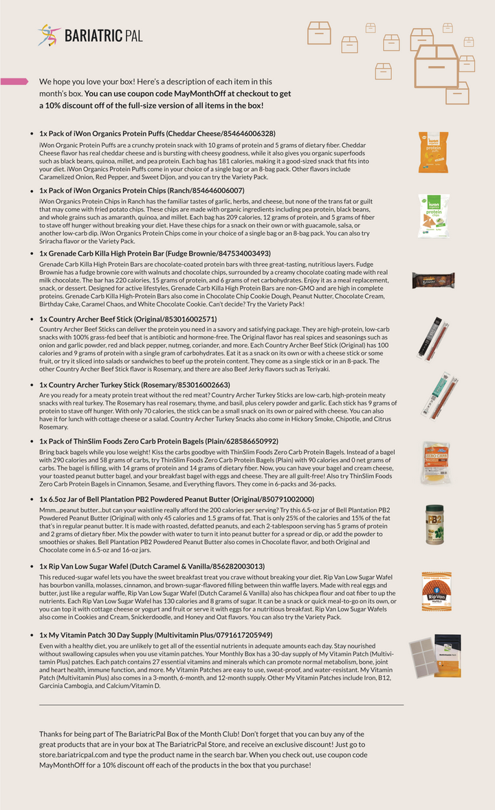 BariatricPal May 2019 Box of the Month flyer listing included snack and protein products such as iWon Organics Protein Puffs, Grenade Carb Killa High Protein Bar, and ThinSlim Foods Zero Carb Protein Bagels