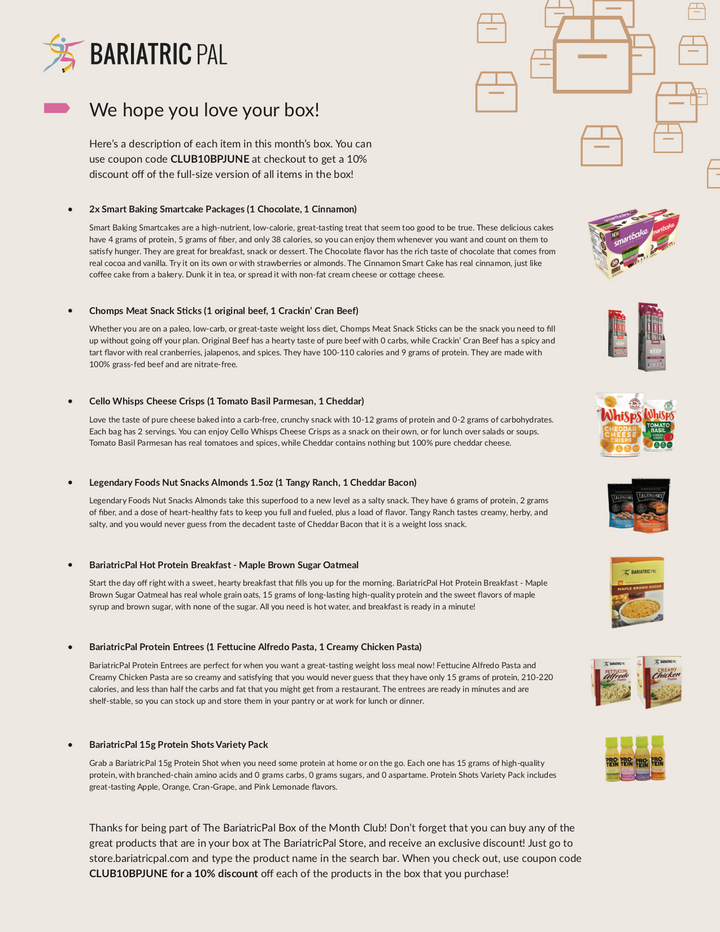 BariatricPal June 2018 Box of the Month flyer listing included snack and protein products such as Smart Baking Smartcake Packages, Chomps Meat Snack Sticks, and Cello Whisps Cheese Crisps