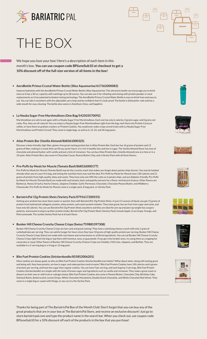 BariatricPal June 2019 Box of the Month flyer listing included snack and protein products such as La Nouba Sugar-Free Marshmallows, Atlas Protein Bar, and Bunker Hill Cheese Crunchy Cheese Crisps