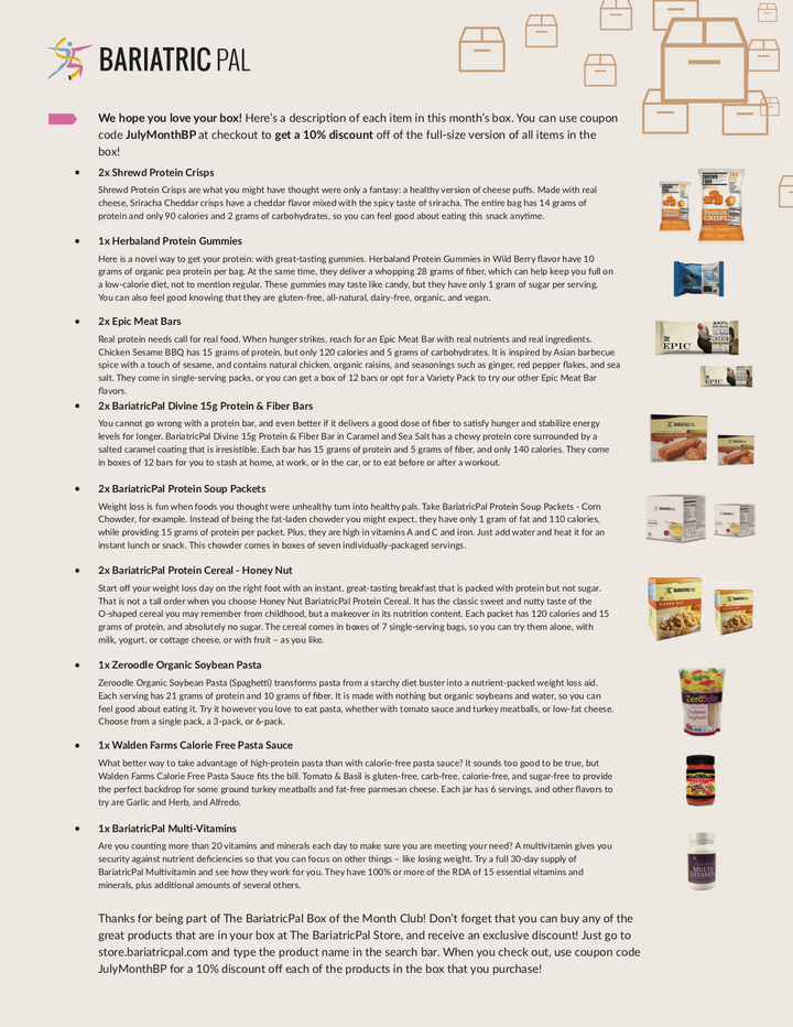 BariatricPal July 2018 Box of the Month flyer listing included snack and protein products such as Shrewd Protein Crisps, Epic Meat Bars, and BariatricPal Divine 15g Protein & Fiber Bars