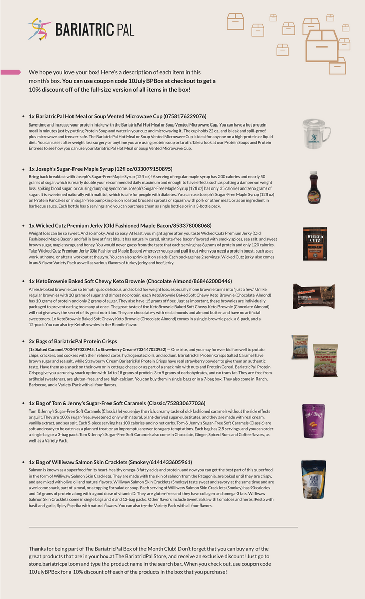 BariatricPal July 2019 Box of the Month flyer listing included snack and protein products such as Wicked Cutz Premium Jerky, KetoBrownie Baked Soft Chewy Keto Brownie, and Tom & Jenny's Sugar-Free Soft Caramels