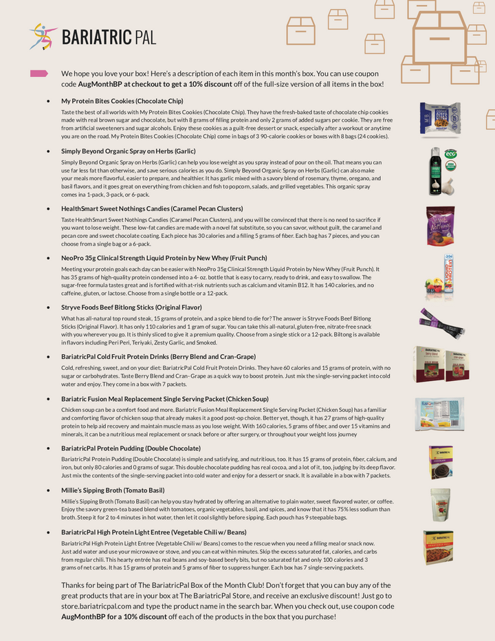 BariatricPal August 2018 Box of the Month flyer listing included snack and protein products such as My Protein Bites Cookies Chocolate Chip, HealthSmart Sweet Nothings Candies, and Stryve Foods Beef Biltong Sticks