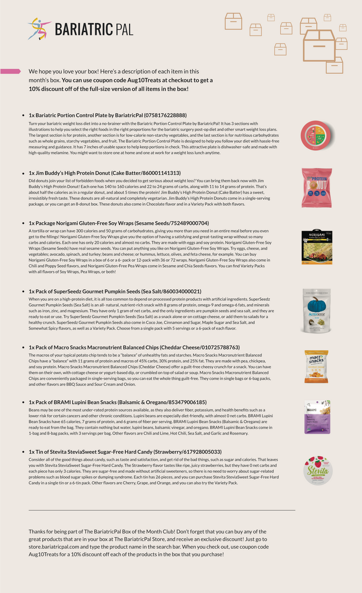 BariatricPal August 2019 Box of the Month flyer listing included snack and protein products such as Jim Buddy's High Protein Donut, Nirvana Gluten-Free Soy Crisps, and BRAMI Lupini Bean Snacks