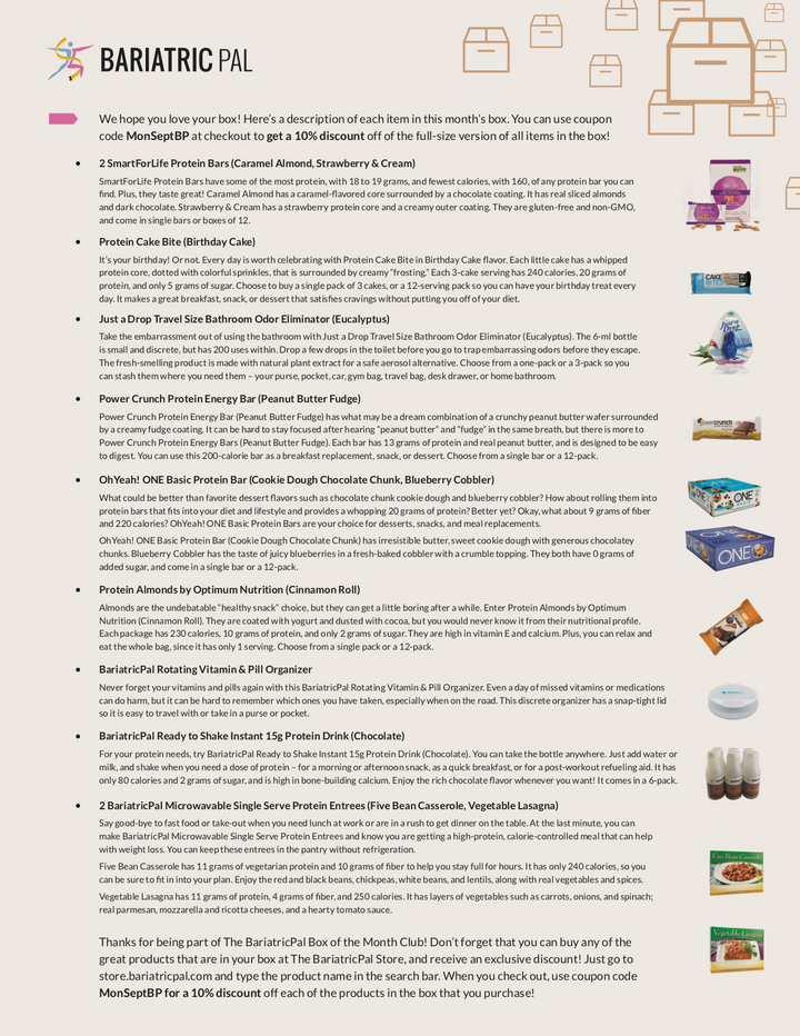 BariatricPal September 2018 Box of the Month flyer listing included snack and protein products such as SmartForLife Protein Bars, Power Crunch Protein Energy Bar, and OhYeah! ONE Basic Protein Bar