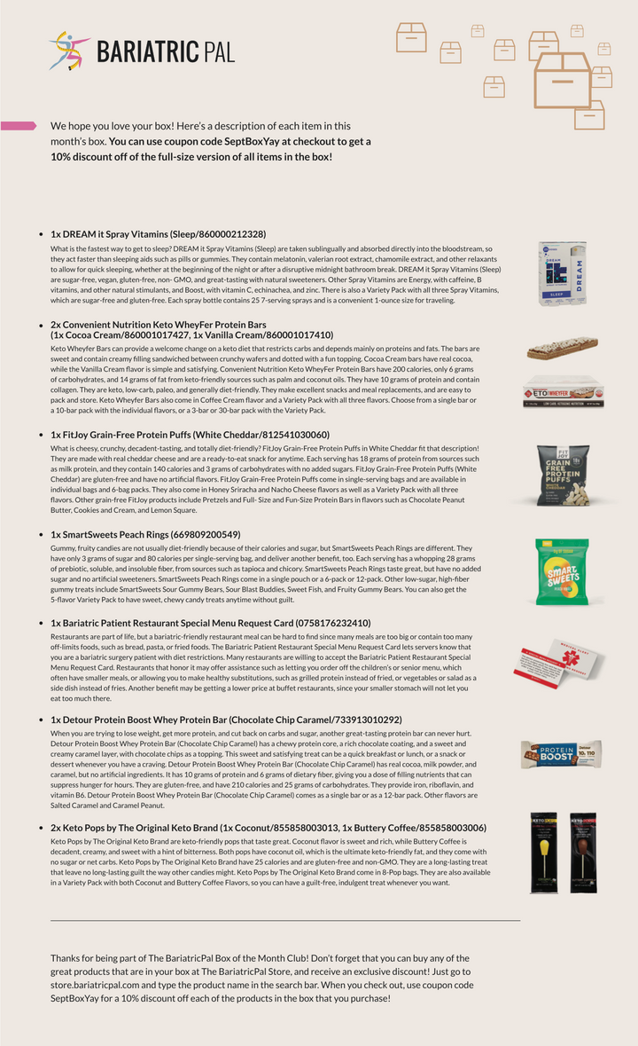 BariatricPal September 2019 Box of the Month flyer listing included snack and protein products such as FitJoy Grain-Free Protein Puffs, SmartSweets Peach Rings, and Detour Protein Boost Whey Protein Bar