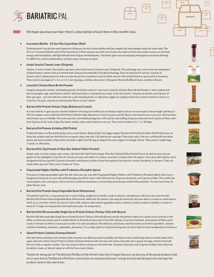 BariatricPal October 2018 Box of the Month flyer listing included snack and protein products such as Intakt Snacks Cheese Lover, BariatricPal Protein Potato Chips Barbecue Crunch, and FlapJacked Mighty Muffins with Probiotics