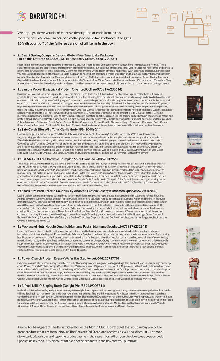 BariatricPal October 2019 Box of the Month flyer listing included snack and protein products such as Smart Baking Company SmartCake, Safe Catch Elite Wild Tuna, and Power Crunch Protein Energy Wafer Bar