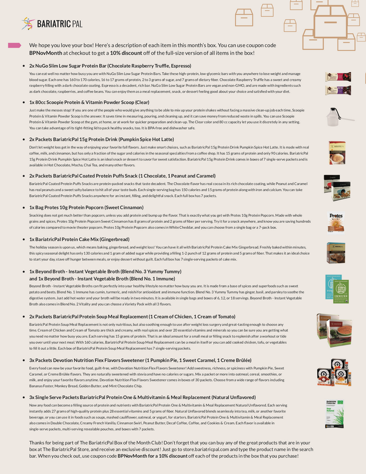BariatricPal November 2018 Box of the Month flyer listing included snack and protein products such as NuGo Slim Low Sugar Protein Bar, BariatricPal Coated Protein Puffs Snack, and Protes Protein Popcorn