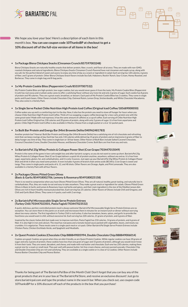 BariatricPal November 2019 Box of the Month flyer listing included snack and protein products such as Biena Chickpea Snacks, My Protein Cookie Bites, Chike Iced Coffee, and Quest Protein Cookies