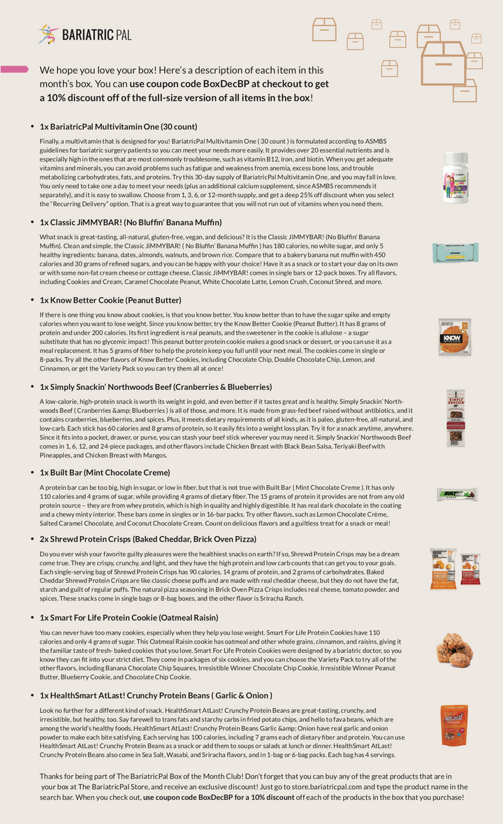 BariatricPal December 2018 Box of the Month flyer listing included snack and protein products such as Classic JiMMYBAR! No Bluffin' Banana Muffin, Built Bar Mint Chocolate Creme, and Shrewd Protein Crisps
