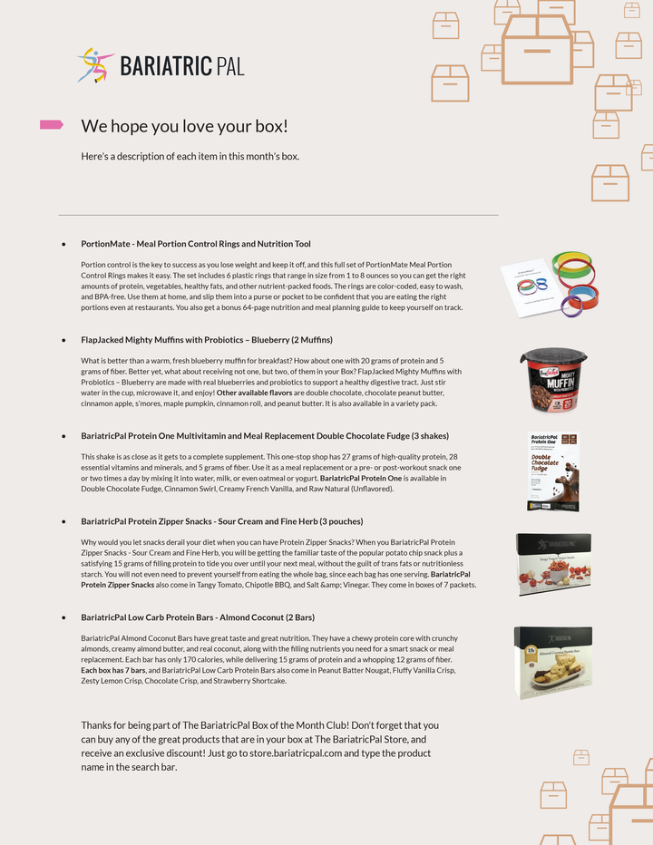 BariatricPal informational flyer detailing subscription box contents, including PortionMate rings, FlapJacked muffins, and protein shakes and snacks, with product descriptions and images.