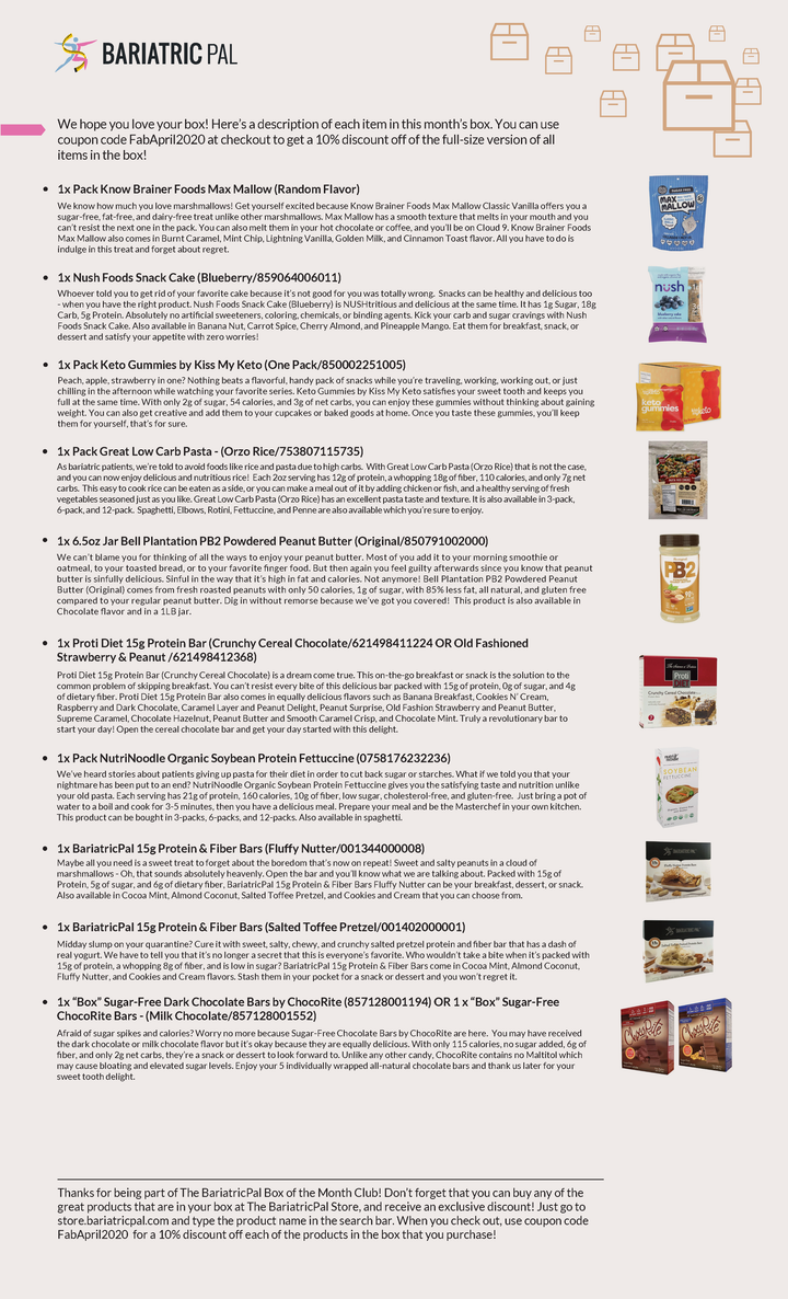 An informational flyer listing the products included in a Bariatric Pal subscription box, paired with pictures of each item.
