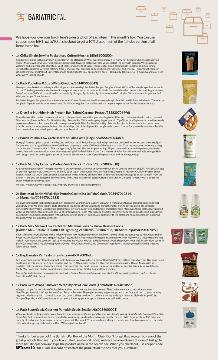 Infographic detailing the contents of a BariatricPal monthly subscription box, featuring product descriptions alongside corresponding images.