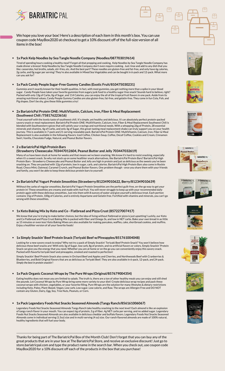 An informational document titled "Bariatric Pal" listing and describing various health food products included in a monthly subscription box, accompanied by small product images and descriptions.