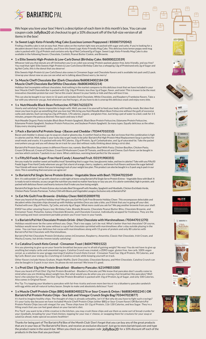 An informational flyer for Bariatric Pal listing various healthy snacks and meals with descriptions and corresponding product images in a column.