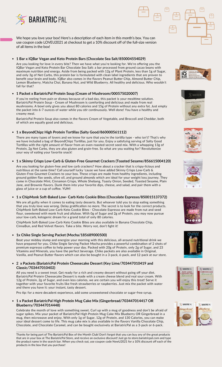 A colorful product list showcases various healthy snacks and meal options, including protein bars, soups, tortillas, crackers, and desserts, each with descriptions and nutritional highlights.