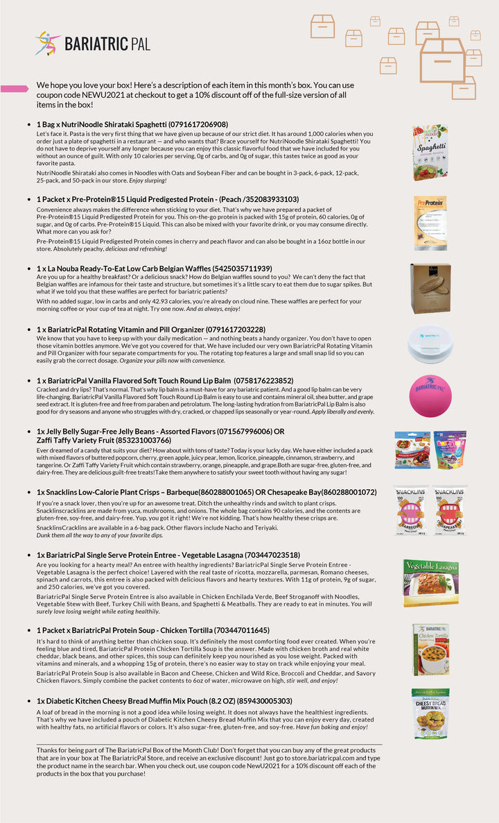 An infographic list of BariatricPal subscription box items, featuring product names, descriptions, and corresponding images of each included item.