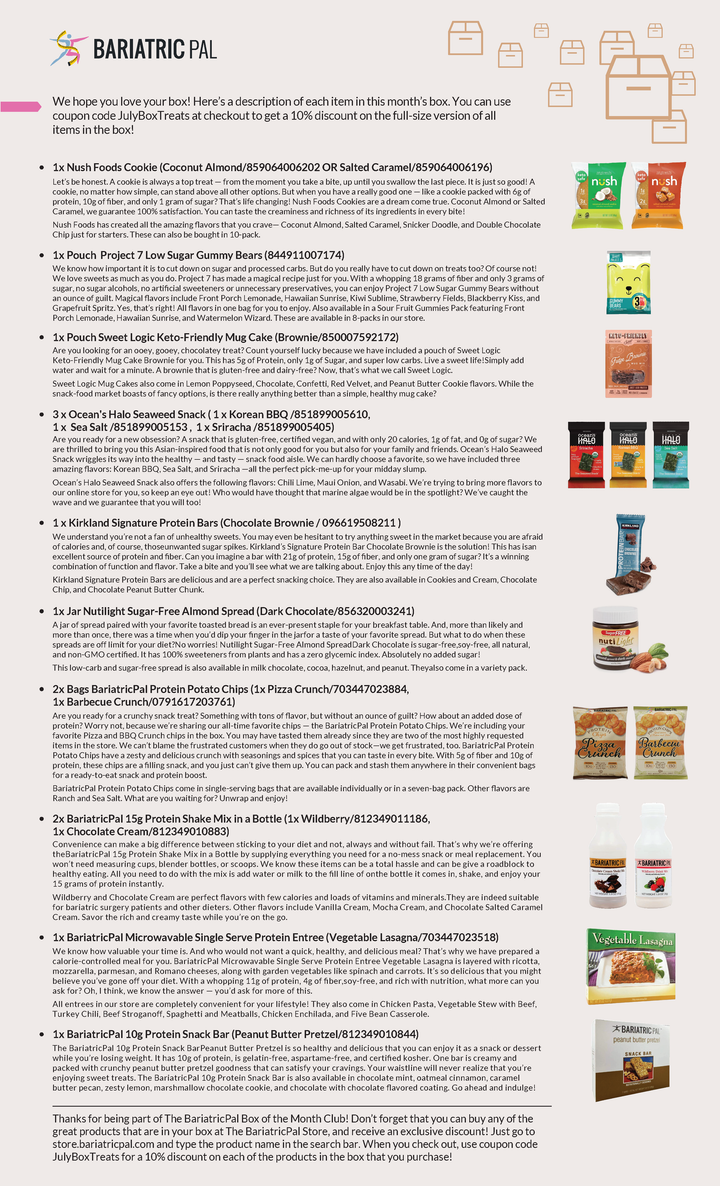Informational flyer listing and describing various healthy snacks and protein products included in a Bariatric Pal subscription box, complete with small product images next to each description.