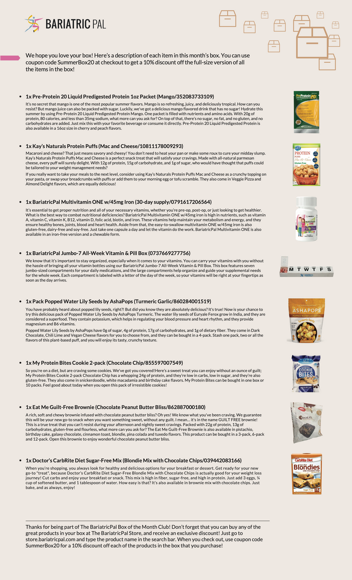 An informational flyer listing the contents of a Bariatric Pal subscription box, featuring product descriptions alongside corresponding images of items like protein powder, snacks, and a vitamin organizer.