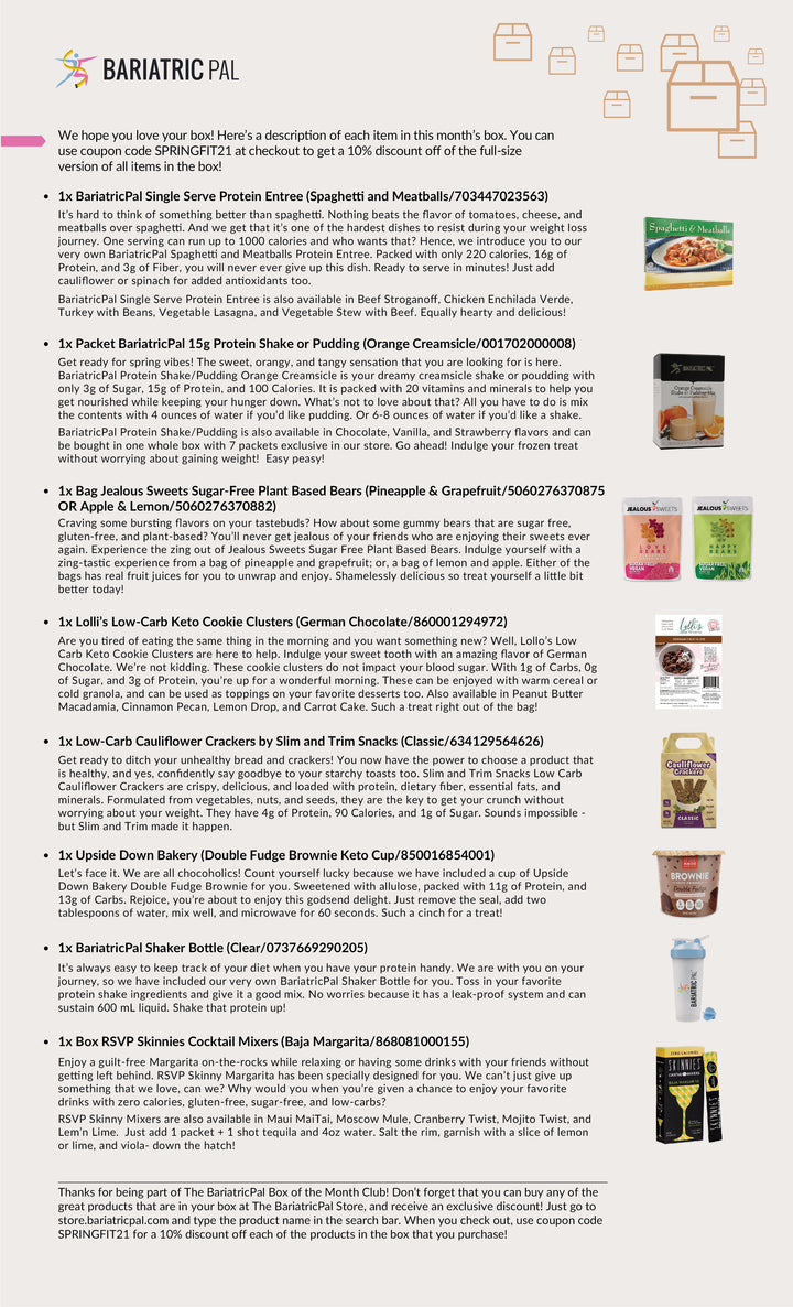 A colorful product list showcases various bariatric-friendly food items, including protein entrees, snacks, and drinks, each with descriptions highlighting their nutritional benefits and preparation methods.